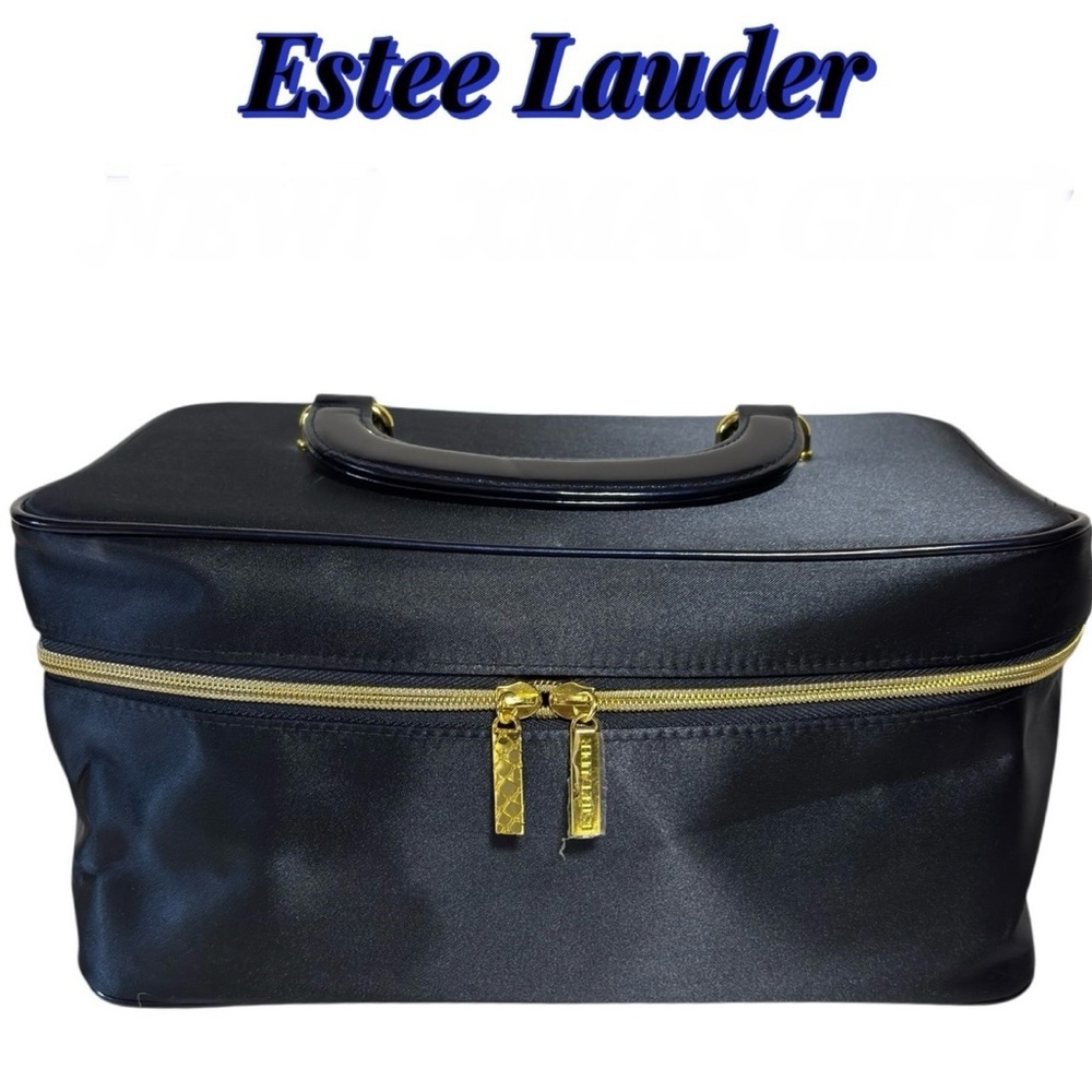 Estee Lauder Cosmetic Travel Bag Navy Blue Gold Tone Zipper & Pulls NWOT